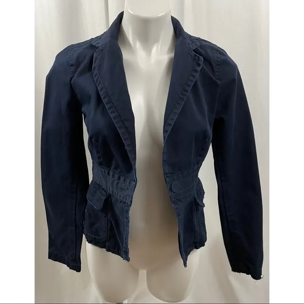 J. Crew Blazer Blue Distressed Tailored Open 100% Cotton Long Sleeve